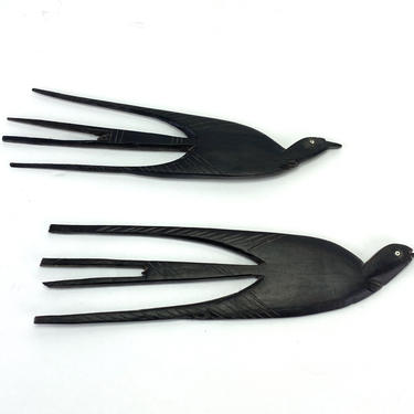 Vintage Hand Carved Wood Ebony Bird Swallow Hair Comb Pair Africa Blackbird Accessory 