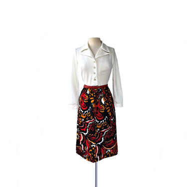 Vintage 70s abstract botanical print shirt dress &amp; vest| red black yellow vibrant hues| Mexican ethnic print dress 