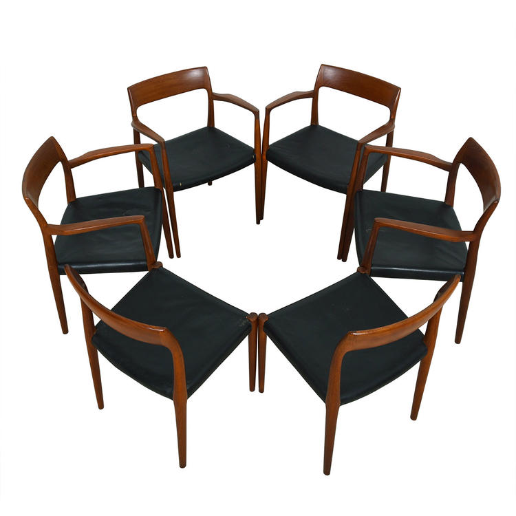 Set of 6 Leather Danish Teak Niels Moller Dining Chairs  Models #57 / #77