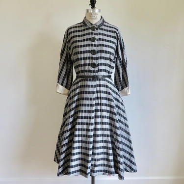 Vintage 1950's Black and White Plaid Fit and Flare Shirt Dress Full Skirt Rockabilly Swing Prestige Junior of New York 29.5&amp;quot; Waist Medium 