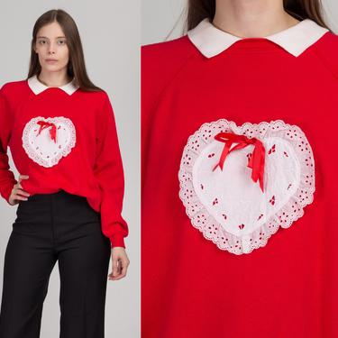 90s Red Heart Doily Sweatshirt - Large | Vintage Cute Collared Long Sleeve Pullover 