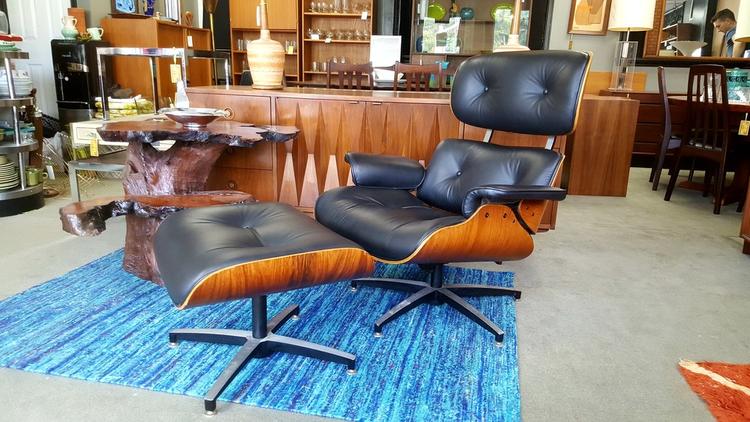 Eames style lounge chair with ottoman in black leather and rosewood by Frank Doerner for Selig