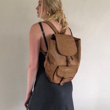 90s leather backpack / vintage Brooks Brothers tan english saddle leather large backpack travel bag 