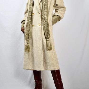 Vintage 80s Striped Tan Wool Double Breasted Coat with Knitted Cuffs and Matching Knit Scarf 