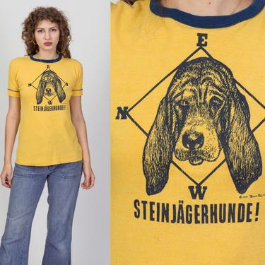 70s Steinjägerhunde! Ringer Tee - Men's Small, Women's Medium | Vintage Yellow Blue German Hound Dog Graphic T Shirt 
