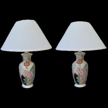 Vintage Tobacco Leaf Ceramic Chinoiserie Lamps