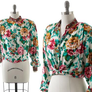 Vintage 1980s Blouse | 80s CAROLE LITTLE Floral Printed White Rayon Romantic Button Up Long Sleeve Blousy Top (medium/large) 