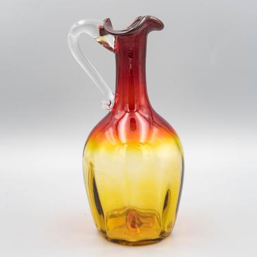 Pilgrim Glass Amberina Decanter (no stopper) | Vintage Ruby to Amber Ombre Pitcher with Clear Applied Handle 