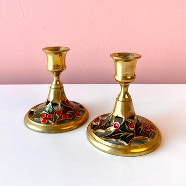 Pair of Brass Candlestick Holders with Painted Holly Base 