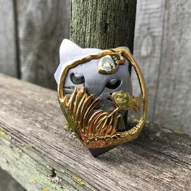 Vintage Cat Brooch Ultra Craft Pin Cat Face Fish Bowl Estate Jewelry Gold Tone Retro 90s 