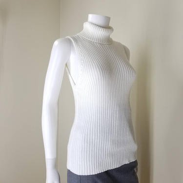 1990s Ivory Sleeveless High Neck Sweater Top, Large ~ Cotton Pullover Turtleneck ~ Stretchy Liz Claiborne Ribbed Knit Blouse ~ Small 