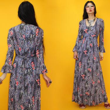 Late 60s Yellow Lace Hippie Flower Child Bell Sleeve Maxi Dress