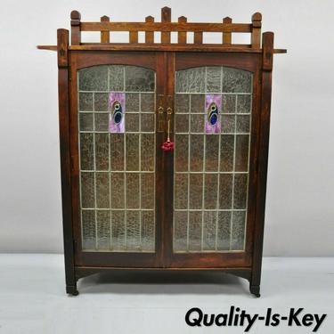 Arts &amp; Crafts Oak Pink Purple Stained Leaded Glass Bookcase China Cabinet