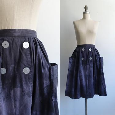 Vintage 50s Overdyed Full Skirt with 3D Pockets/ 1950s Cotton Navy Blue Skirt/ Size XXS 22 23 