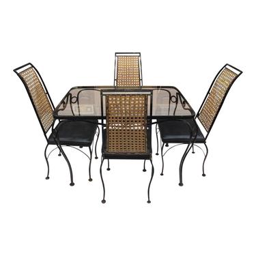 Mid Century Modern wrought iron, glass and rattan dining table and chairs 