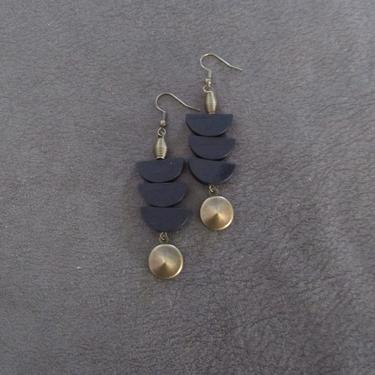 Black wood earrings, brass Afrocentric earrings, mid century modern earrings, African earrings, bold statement, unique pagoda earrings 2 