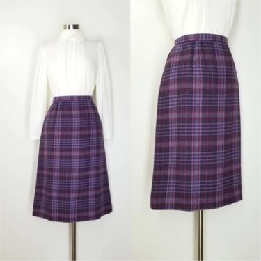 Vintage Pendleton Plaid Skirt, Medium / 1980s Purple Plaid Wool Skirt / Straight Office Skirt with Pockets 31&quot; Waist / Vintage Winter Skirt 