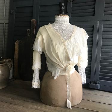 Edwardian Lace Dress Blouse, High Neck, Oyster Cream, Embroidered Lace, Period Clothing 
