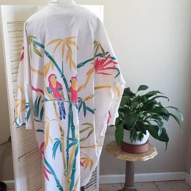 80s Cotton Resort Bali Lotus Parrot Duster    One Size   Pockets 