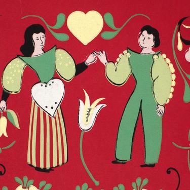 Vintage Figural Heart Couple Wallpaper Roll on Matt Redish Background - Mid Century 