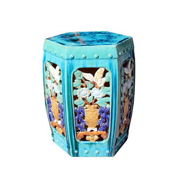 Chinese Turquoise Green Hexagon Clay Ceramic Garden Stool Table ws917E 