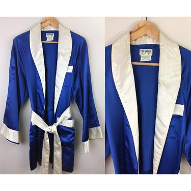 Vintage 1960s Blue and White Satin Robe Boxing Smoking Jacket Mr. USA World Champion S 