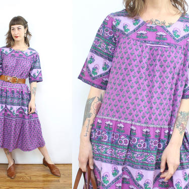 Vintage 70's inspired Purple Indian Cotton Style Dress / 1990's Tent Dress / Prairie Dress / Women's Size Medium Large by Ru
