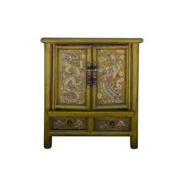 Oriental Distressed Olive Green Phoenix Dragon End Table Nightstand cs6104E 