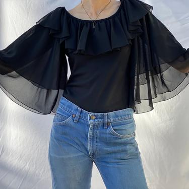 70's Tiered Flutter Sleeves Blouse / Sheer Chiffon Blouse / Puffy Sleeves Top Blouse / Sexy Festival Top 