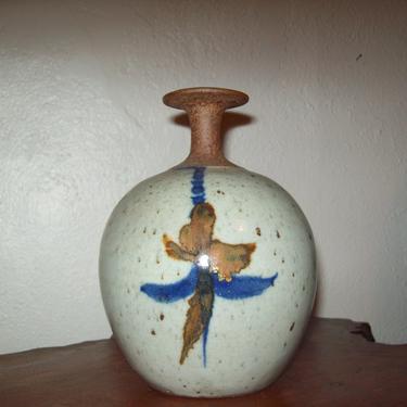 Ralph Lodewick Art Studio Weed Pot - Glazed Stoneware with two sided abstract Cobalt and Honey decorations -  Master Oregon Potter 