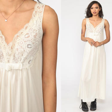 Off-White Lingerie Nightgown Slip Dress 80s Sheer Bridal Nightgown Lace Maxi Vintage Empire Waist Romantic Bohemian Small Medium 