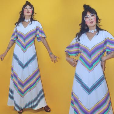 Vintage 1970s Ohrbach’s Department Store Rainbow Chevron Bell Sleeve Kaftan Dress/SZ S M/70s Color Block Mid Century Boho Southwest Hippie 