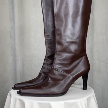 Vintage Brown Leather Pointed Toe Heeled Boots