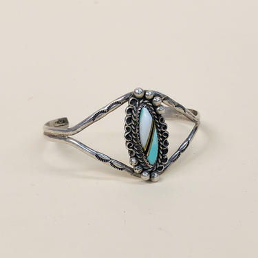 Vintage 1970s Native American Sterling Cuff, Larimar Stone, Sterling Silver, Turquoise, Native American, Southwestern, Railroad by Mo