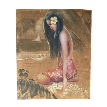 Original Pre-War Beach Polynesian Girl Oil Painting on Velvet by Roger Fowler, Tahiti 