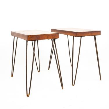 Mid Century Solid Red Oak and Wrought Iron Hairpin Side End Tables - A Pair 