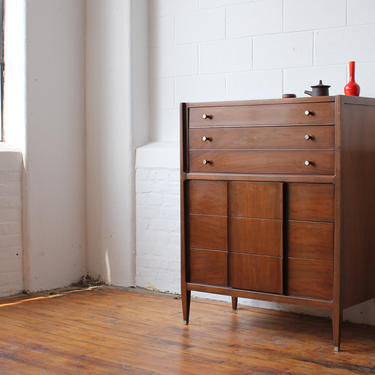 MCM Walnut Highboy with Wood and Nickel Pulls by American of Martinsville 