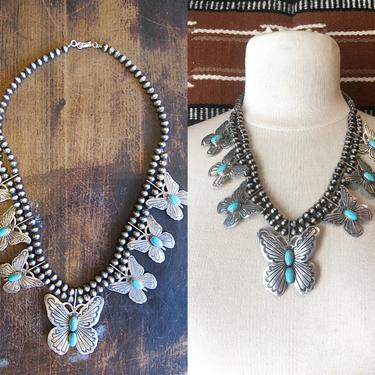 RUSSELL SAM Butterfly Silver and Turquoise Navajo Pearl Bead Necklace | Native American Southwestern Squash Blossom | Boho Statement Jewelry 
