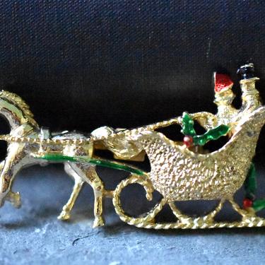 Vintage Gold Tone Sleigh Pin - Gerry's Brand Brooch - Christmas Cheer Pin - Victorian Couple Horse Drawn Sleigh | FREE SHIPPING 