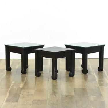 Set 3 Black Mid Century Asian End Tables W 2 Glass Tops