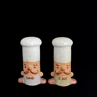 Vintage 1970s Modern Fitz and Floyd Japanese Earthenware Pottery Whimsical Chefs Cooks w Mustache & Hat Salt and Pepper Shakers 