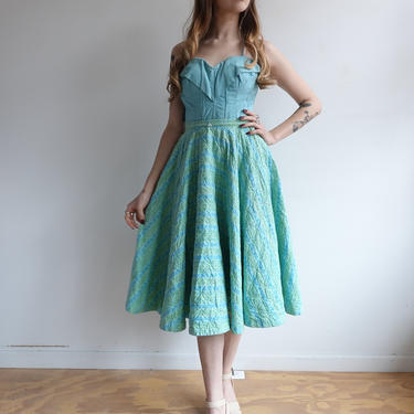Vintage 50s Quilted Circle Skirt/ 1950s Blue Green Floral Full Skirt/ Pinup Rockabilly Size XS 24 