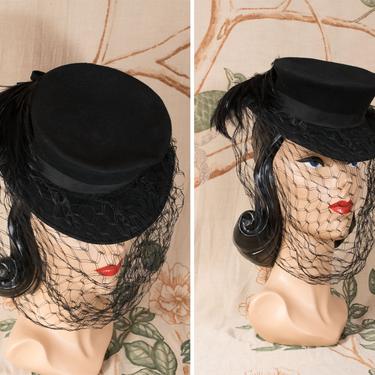 1940s Hat - Dramatic Vintage 40s New York Creation Sculpted Tilt with Feather Spray and Double Net Veil 