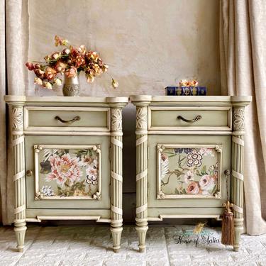 French Country Floral Nightstands. Farmhouse Elegant Tables. French Country Bedside Tables. Cream Nightstands. Carved Tables. 