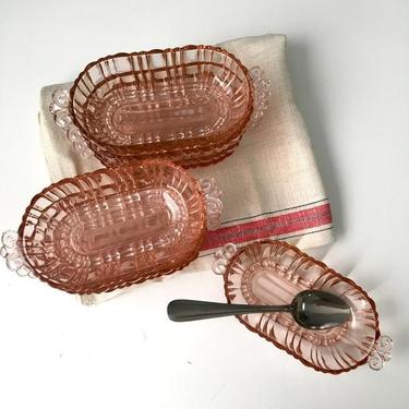 Anchor Hocking pink Old Cafe oval bowls - set of 9 - 1930s vintage 
