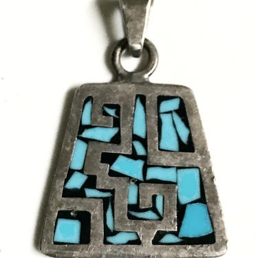 Vintage Sterling Turquoise Inlay Pendant Mexico 925 TE-30 Taxco Silver Jewelry Tribal Geometric 