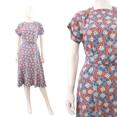 EXCLUSIVE Custom 1940's Inspired Cold Rayon Blue & Pink Day Dress - 1940s Cold Rayon Dress - 1940s Day Dress - 1940s Blue Dress | Size Small 