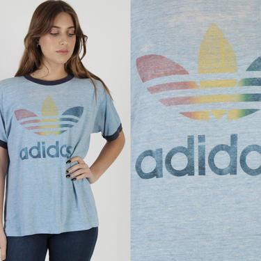 Vintage 80s Adidas Rainbow T Shirt / Heather Blue 50 50 Soft T Shirt / Trefoil Track Basketball Ringer Mens Tee Large L 