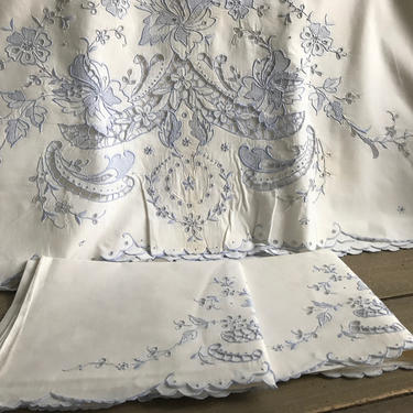 Madeira Linen Bed Sheet, White, Blue Embroidery, 2 Pillow Cases, Elaborate Floral Embroidery, Double Bed, Matching Set 