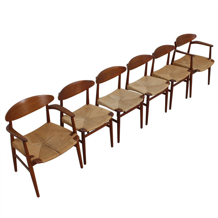 Set of 6 Early Danish Teak Cord Seat Dining Chairs